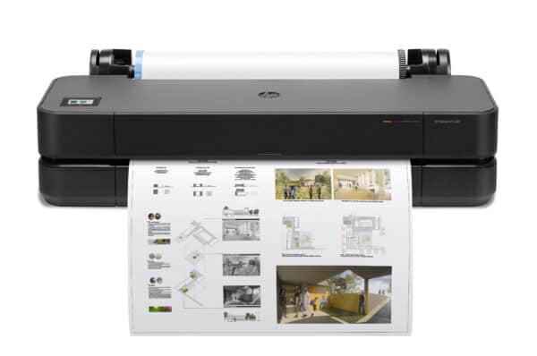HP DesignJet T230 24-in A1 printer - photo shows the printer without the optional stand, sitting on a desk to give an impression of the size and look of the DesignJet T230 base model.