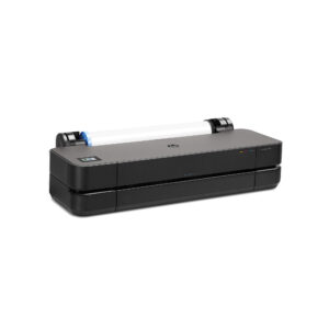 HP DesignJet T250 24-in A1 printer - photo shows the printer without the optional stand, sitting on a desk to give an impression of the size and look of the DesignJet T250 base model.