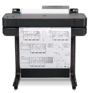 HP DesignJet T630 24-in A1 printer - photo shows the printer with a printout and the media basket closed, giving an impression of the size of printer and the capability and typical user output