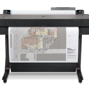 HP DesignJet T630 36-in A0 printer - photo shows the printer with a printout and the media basket closed, giving an impression of the size of printer and the capability and typical user output