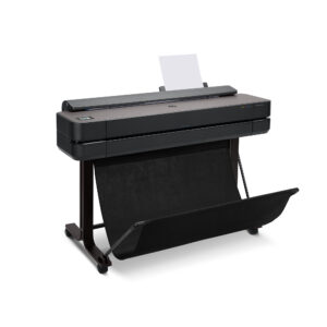 HP DesignJet T650 36-in A0 printer - photo shows the printer with the media basket open, giving an impression of the size of look of the printer.